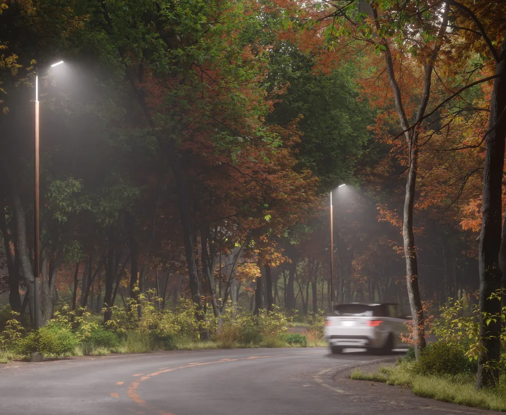 3D-renderöinti syksyisestä metsätiestä ELEMENT-pylväillä